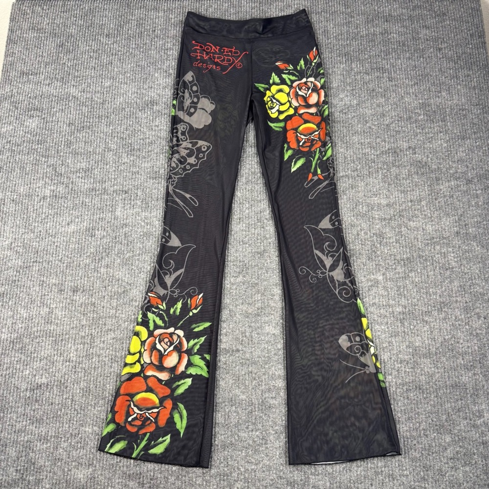 Ed Hardy Sheer Mesh Pants Womens S Tattoo Rose Floral Flare Leg Y2K Indie Rave
